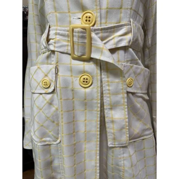 Tulle Yellow Stripe White Trench Coat Belted Waist Big Buttons Size Small