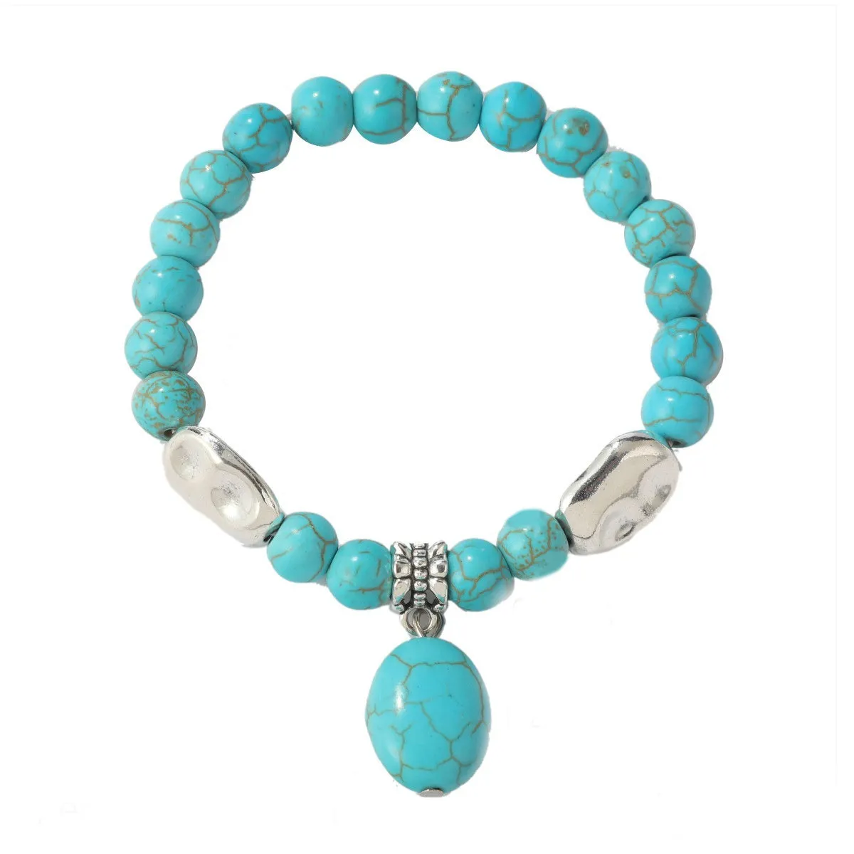 Turquoise & Silver-Plated Oval Charm Stretch Bracelet
