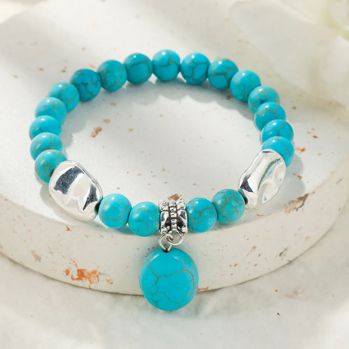 Turquoise & Silver-Plated Oval Charm Stretch Bracelet
