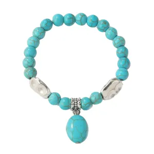 Turquoise & Silver-Plated Oval Charm Stretch Bracelet