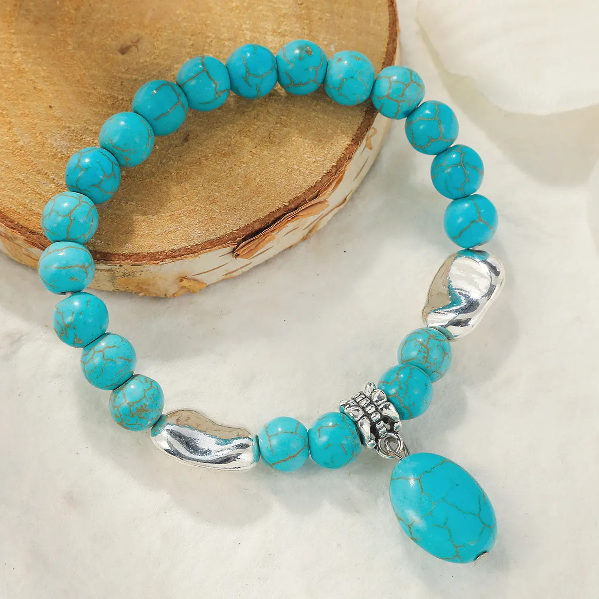 Turquoise & Silver-Plated Oval Charm Stretch Bracelet