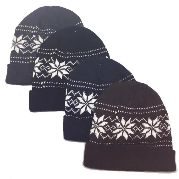 Unisex Knit Snowflake Beanie Hat With Fleece Lining - Assorted Colors