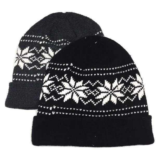 Unisex Knit Snowflake Beanie Hat With Fleece Lining - Assorted Colors