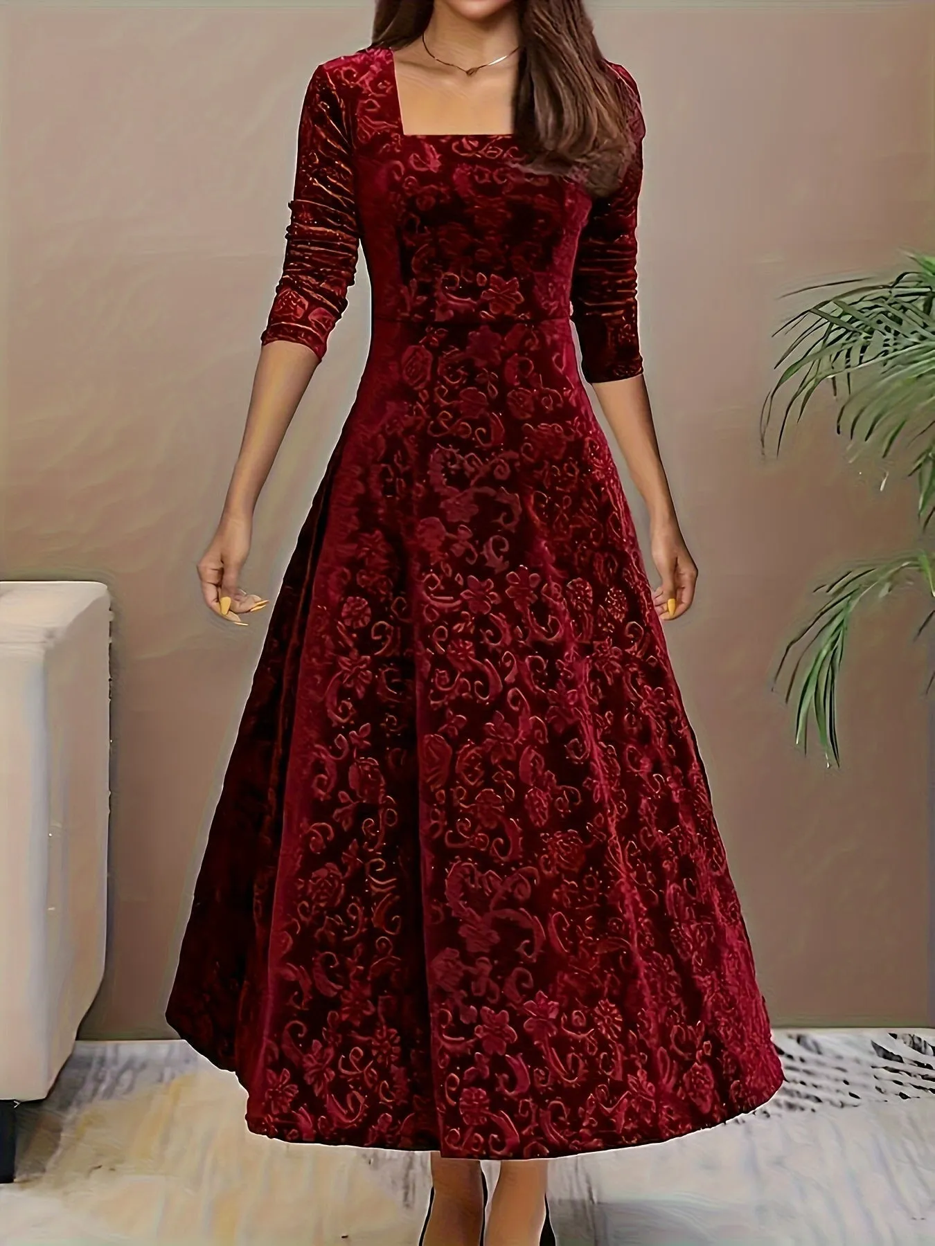 Velvet Flora™ | Women's Formal Dress | Square Neck, Floral Pattern, Luxurious Velvet Evening Wear