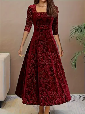 Velvet Flora™ | Women's Formal Dress | Square Neck, Floral Pattern, Luxurious Velvet Evening Wear