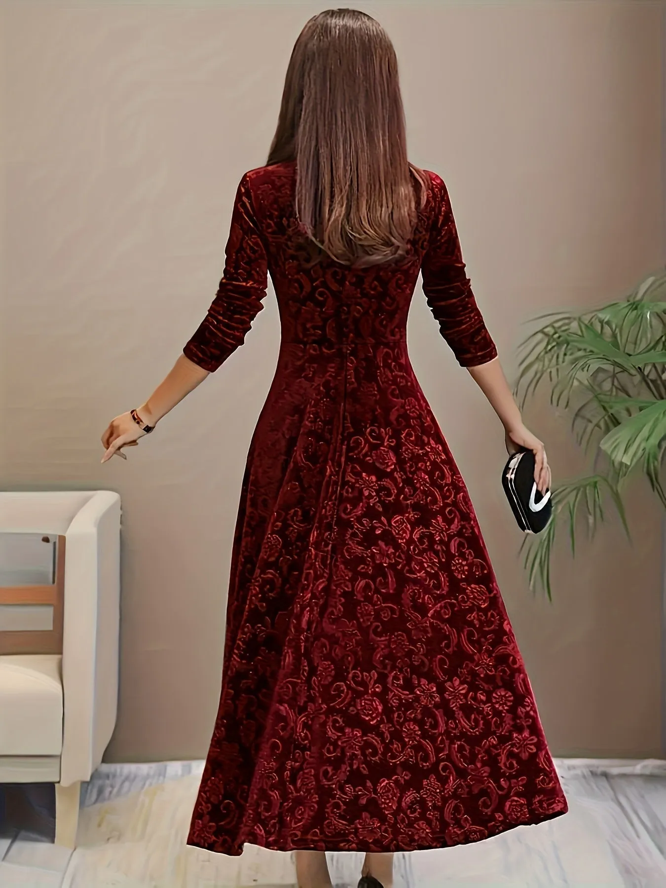 Velvet Flora™ | Women's Formal Dress | Square Neck, Floral Pattern, Luxurious Velvet Evening Wear