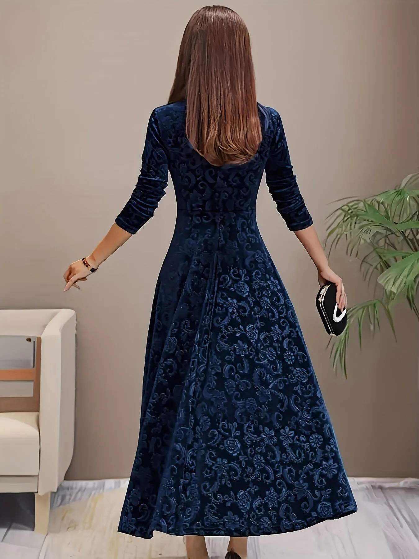 Velvet Flora™ | Women's Formal Dress | Square Neck, Floral Pattern, Luxurious Velvet Evening Wear