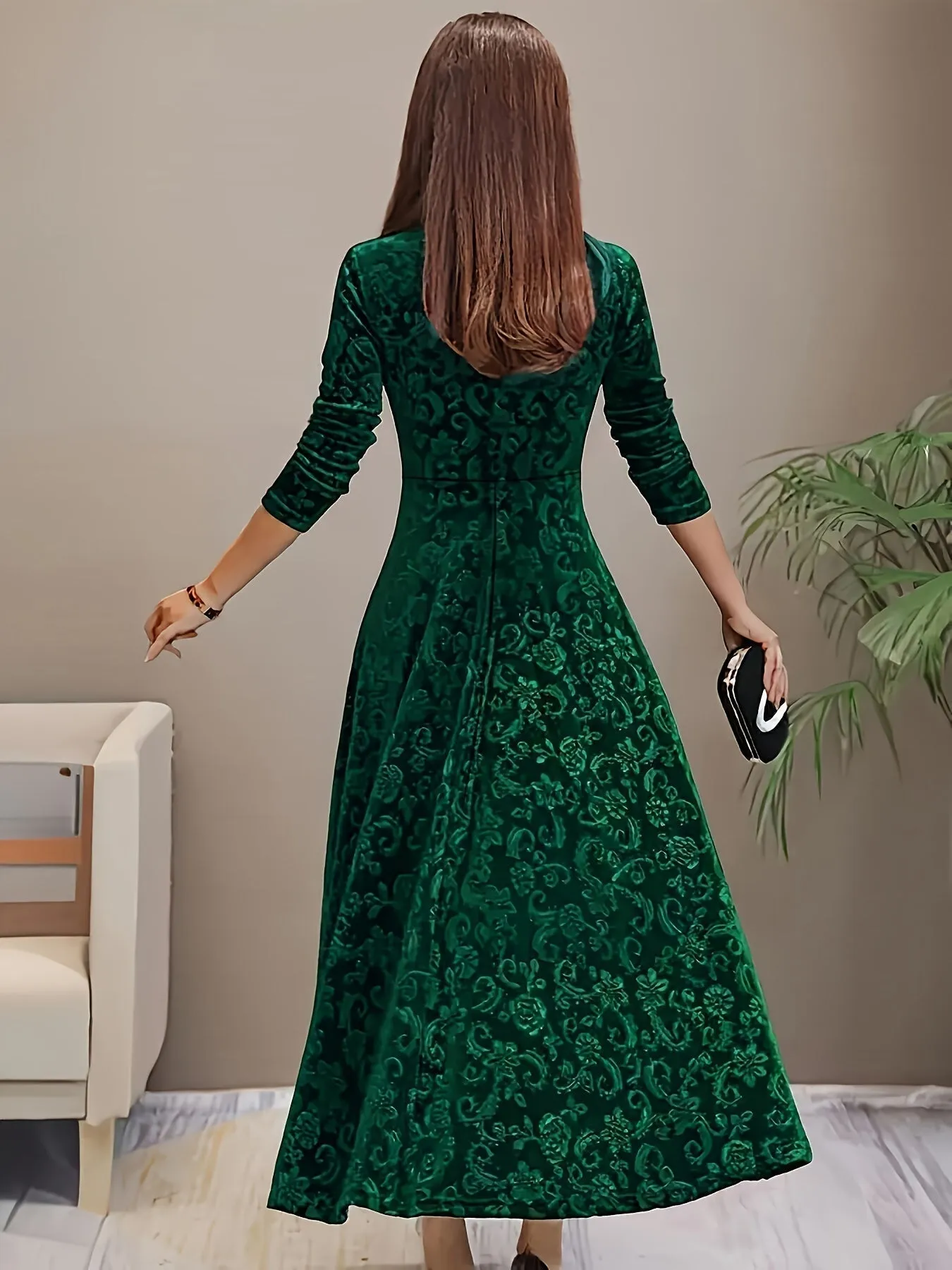 Velvet Flora™ | Women's Formal Dress | Square Neck, Floral Pattern, Luxurious Velvet Evening Wear
