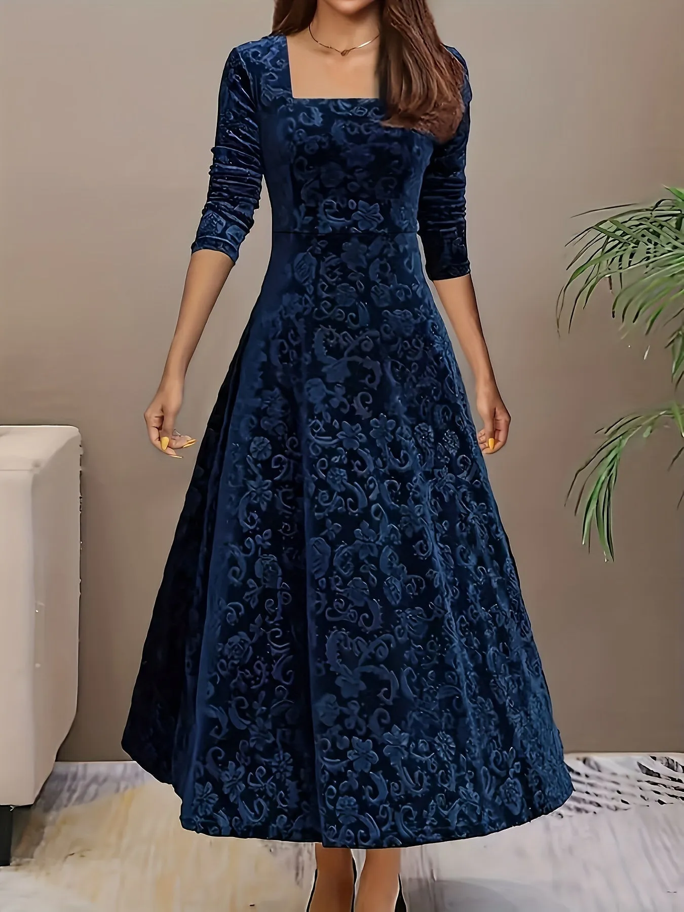 Velvet Flora™ | Women's Formal Dress | Square Neck, Floral Pattern, Luxurious Velvet Evening Wear