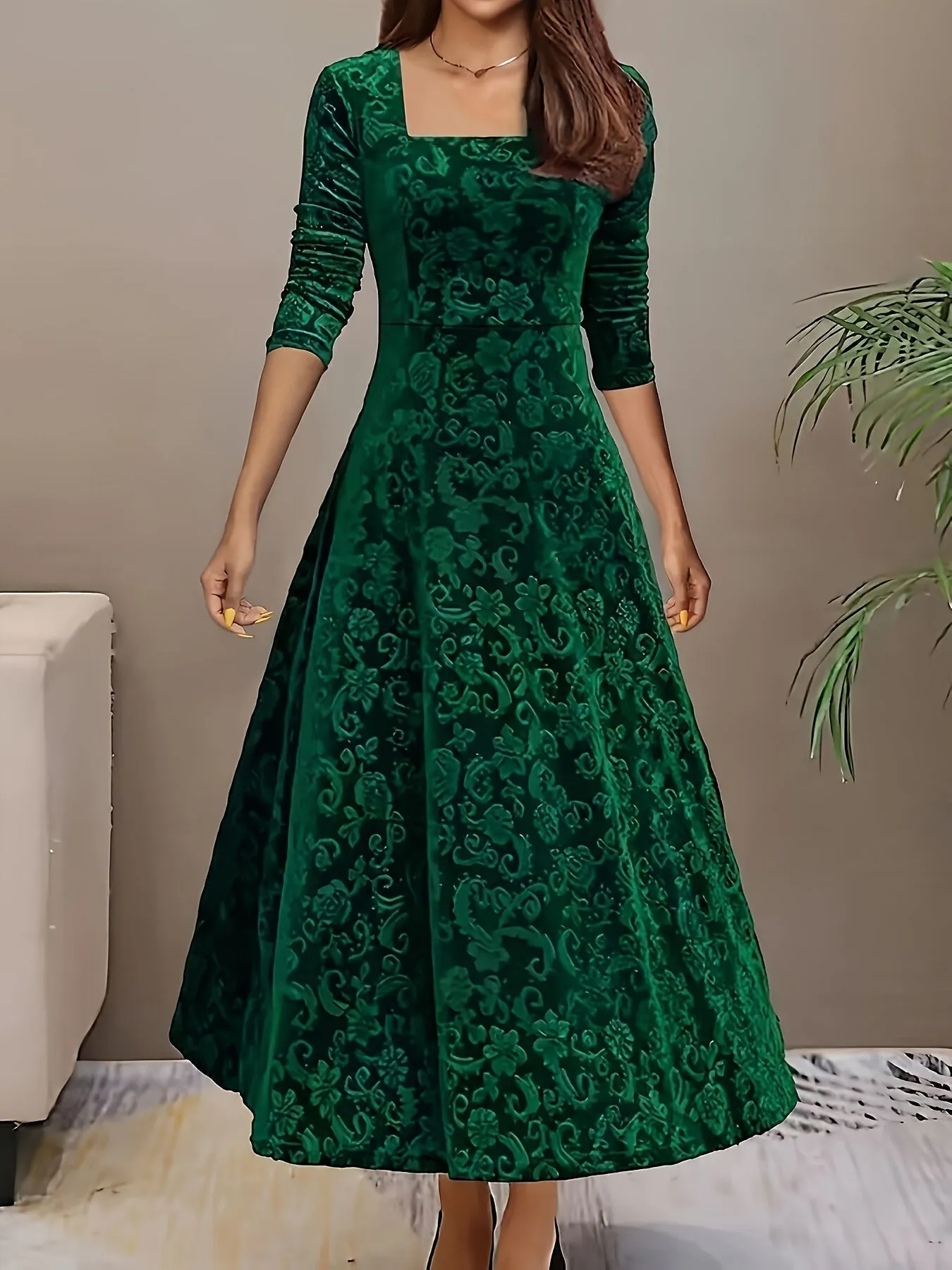 Velvet Flora™ | Women's Formal Dress | Square Neck, Floral Pattern, Luxurious Velvet Evening Wear