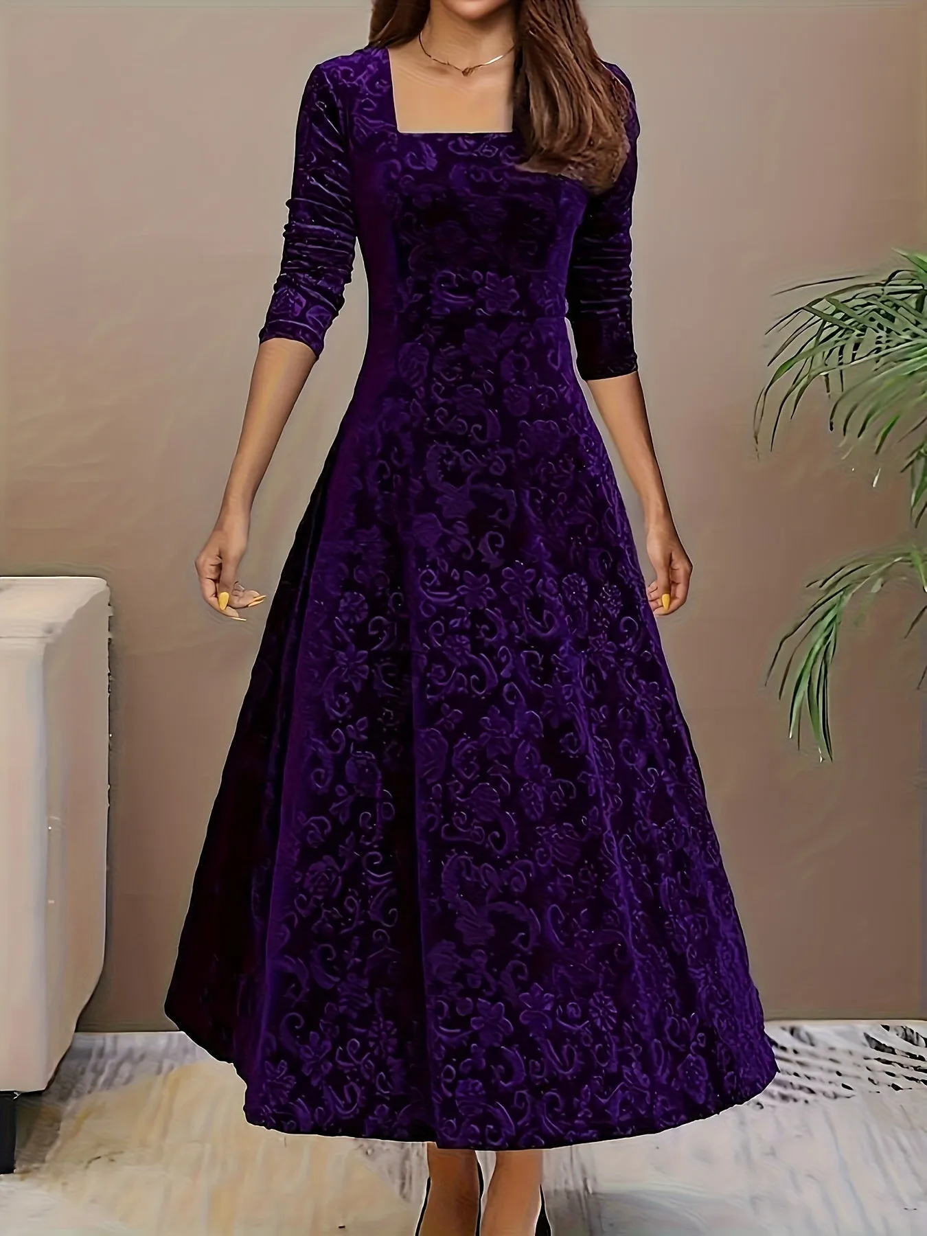 Velvet Flora™ | Women's Formal Dress | Square Neck, Floral Pattern, Luxurious Velvet Evening Wear