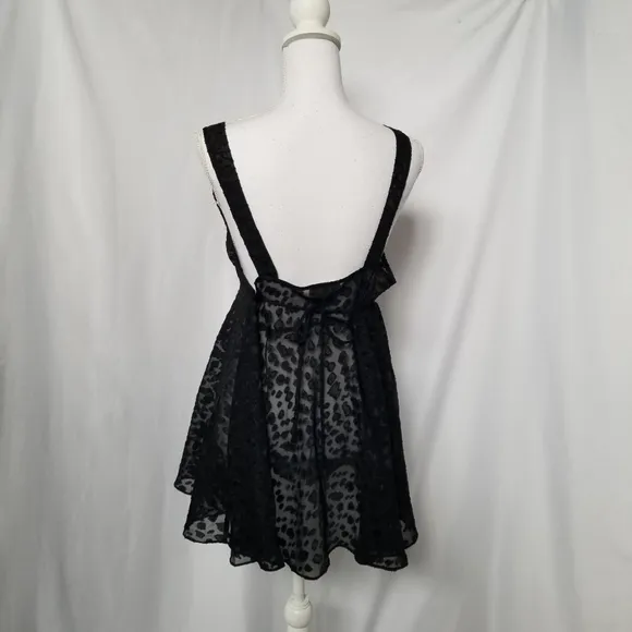 Vintage 90s sheer black mesh leopard print Babydoll Mini Slip Dress sz Med