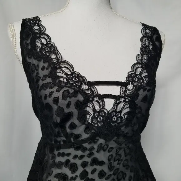 Vintage 90s sheer black mesh leopard print Babydoll Mini Slip Dress sz Med