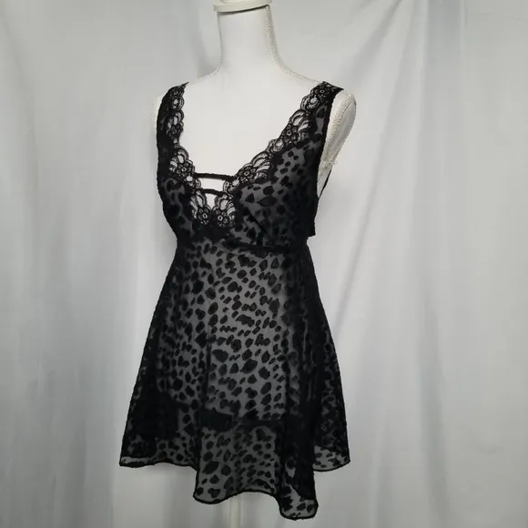 Vintage 90s sheer black mesh leopard print Babydoll Mini Slip Dress sz Med