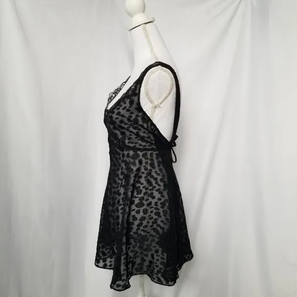 Vintage 90s sheer black mesh leopard print Babydoll Mini Slip Dress sz Med