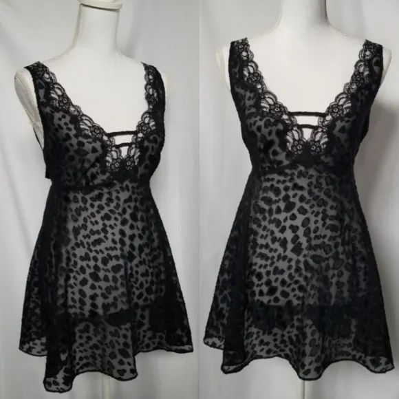 Vintage 90s sheer black mesh leopard print Babydoll Mini Slip Dress sz Med