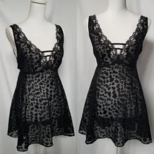 Vintage 90s sheer black mesh leopard print Babydoll Mini Slip Dress sz Med
