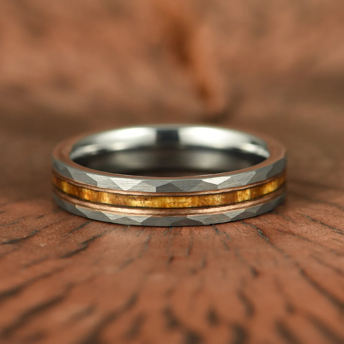 Vivo Per Lei Ring - Hawaiian Koa Wood Abalone & Guitar String Tungsten Women's Wedding Ring 4MM