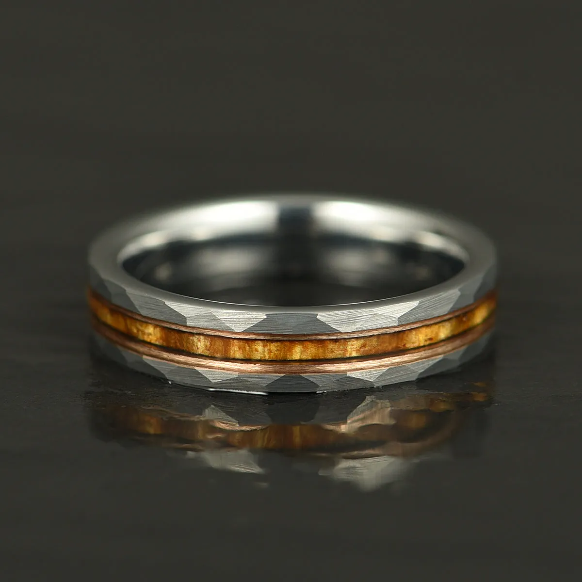 Vivo Per Lei Ring - Hawaiian Koa Wood Abalone & Guitar String Tungsten Women's Wedding Ring 4MM