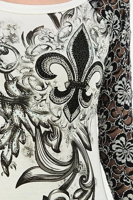 Vocal | White and Black Lace Long Sleeve with Embellished Fleur De Lis Top