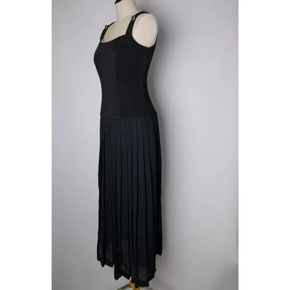 VTG Joseph Ribkoff Maxi Dress Sz 6 Black Fit &amp; Flare Pleated Deadstock 90s Gala
