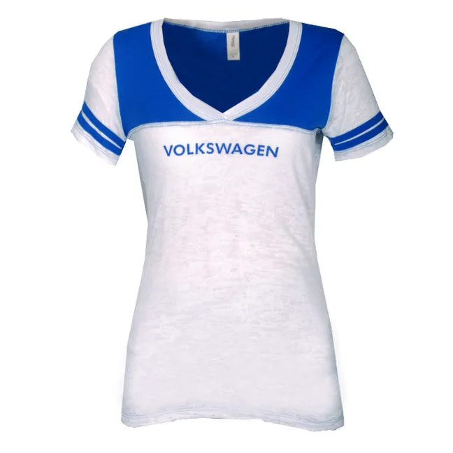 VW Ladies White/Royal Football Tee