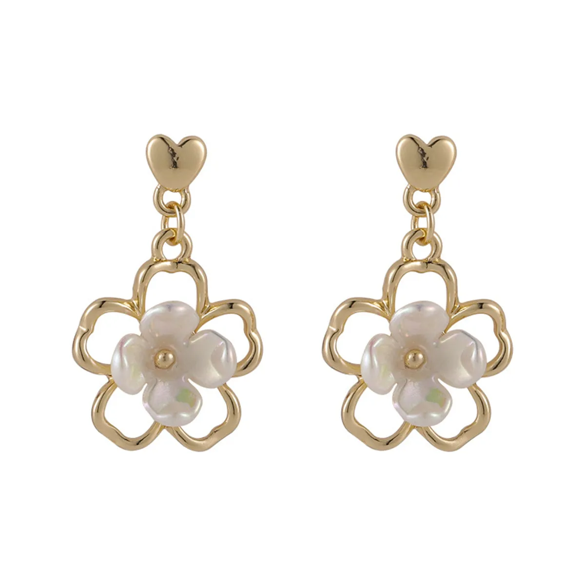 White Acrylic & 18K Gold-Plated Floral Heart Drop Earrings
