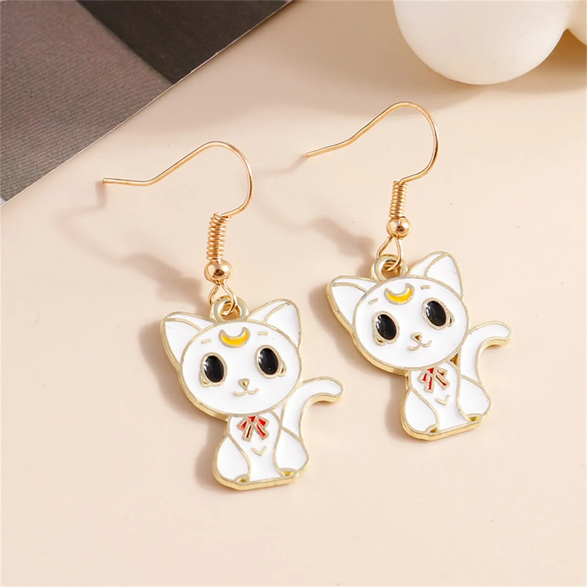 White Enamel & 18K Gold-Plated Cat Drop Earrings