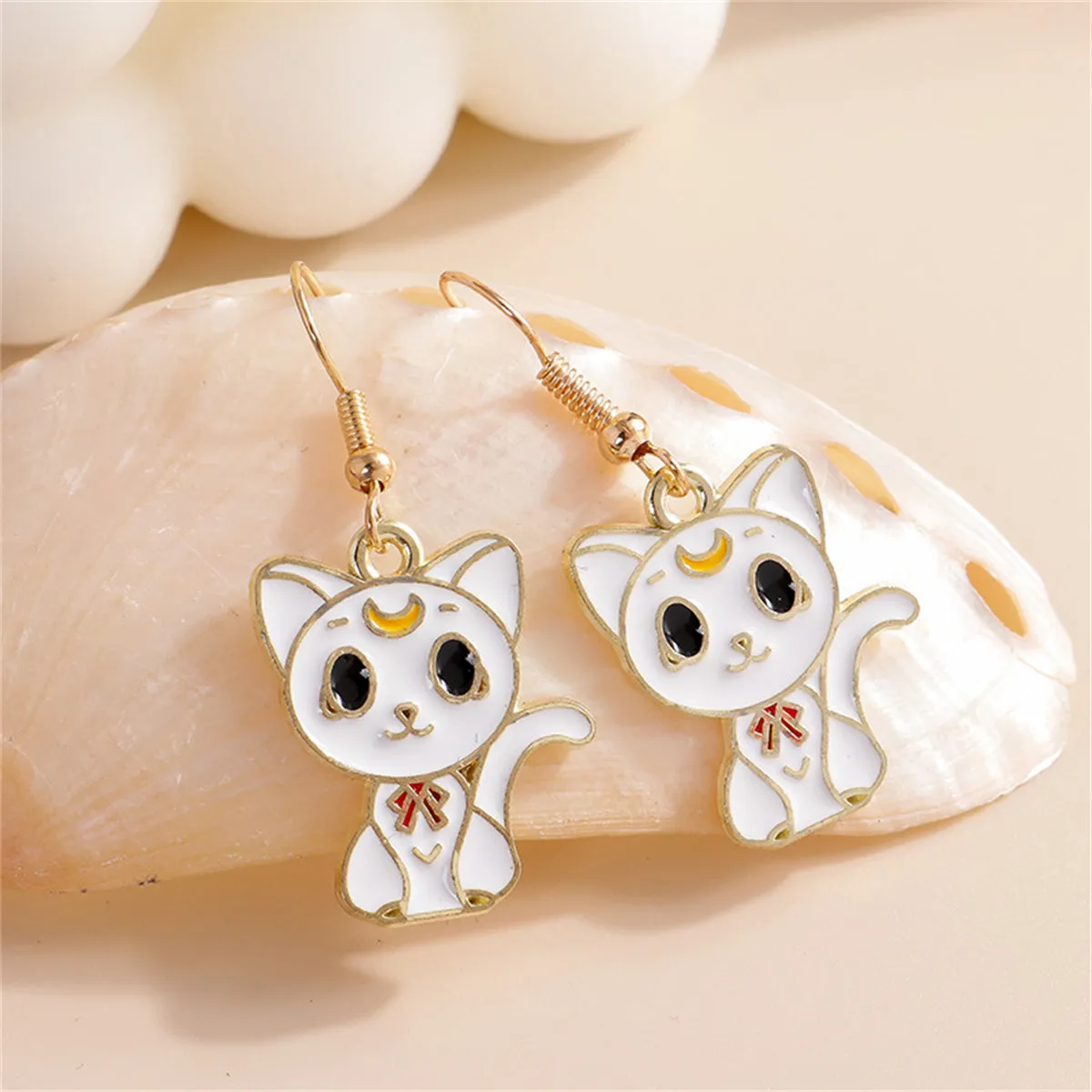 White Enamel & 18K Gold-Plated Cat Drop Earrings
