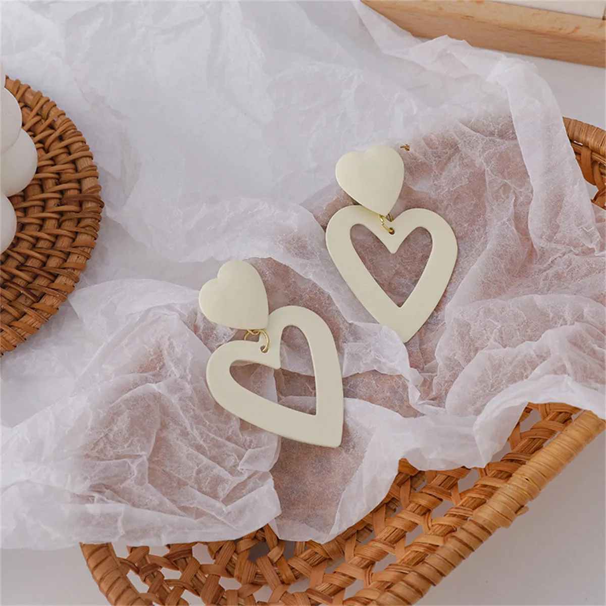 White Enamel & 18K Gold-Plated Open Heart Drop Earrings