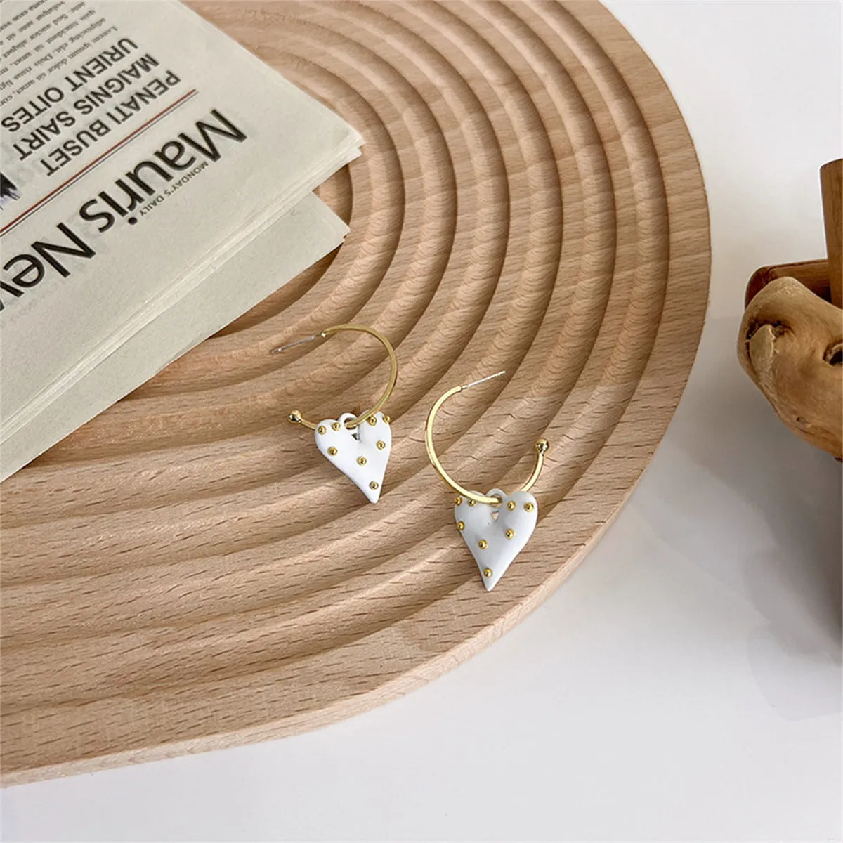 White Enamel & 18K Gold-Plated Spotted Heart Drop Earrings