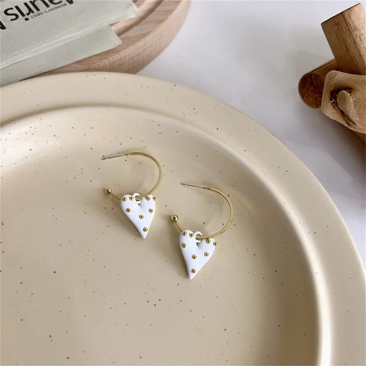 White Enamel & 18K Gold-Plated Spotted Heart Drop Earrings
