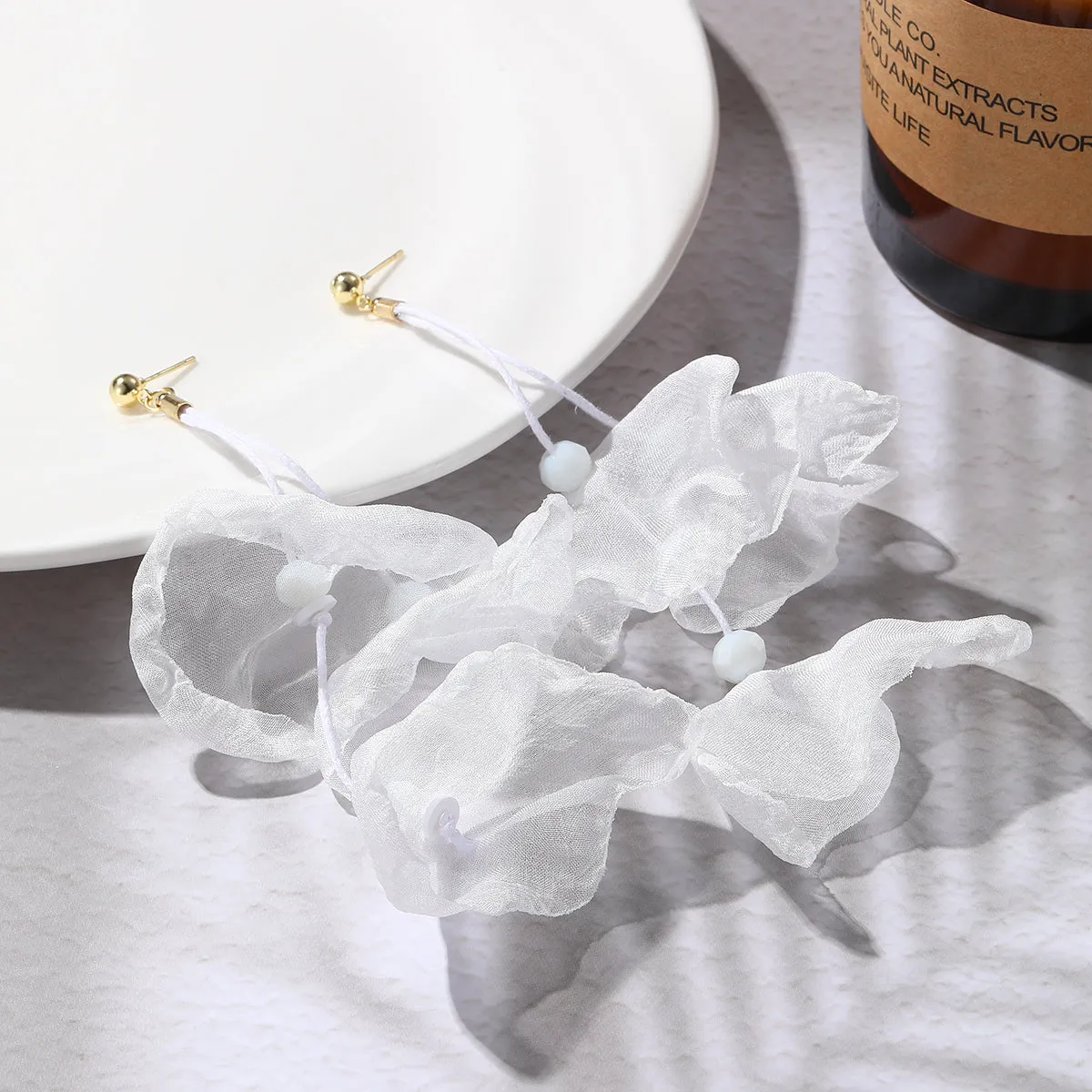 White Polyster & 18K Gold-Plated Three-Petal Drop Earrings