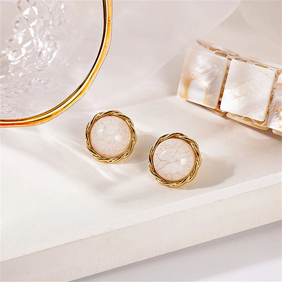 White Resin & 18K Gold-Plated Twisted-Trim Round Stud Earrings