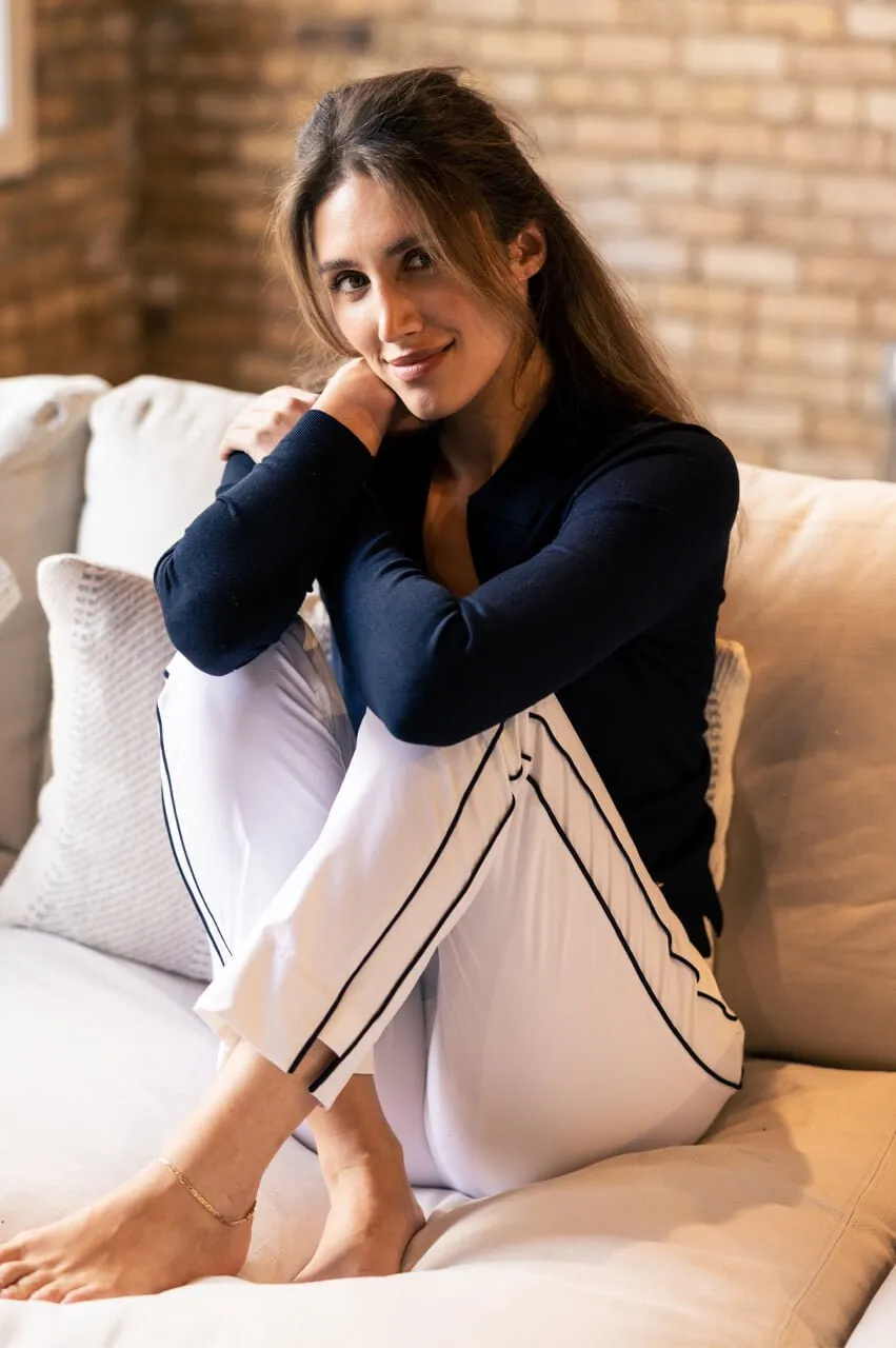 White/Navy Stretch Ankle Pant