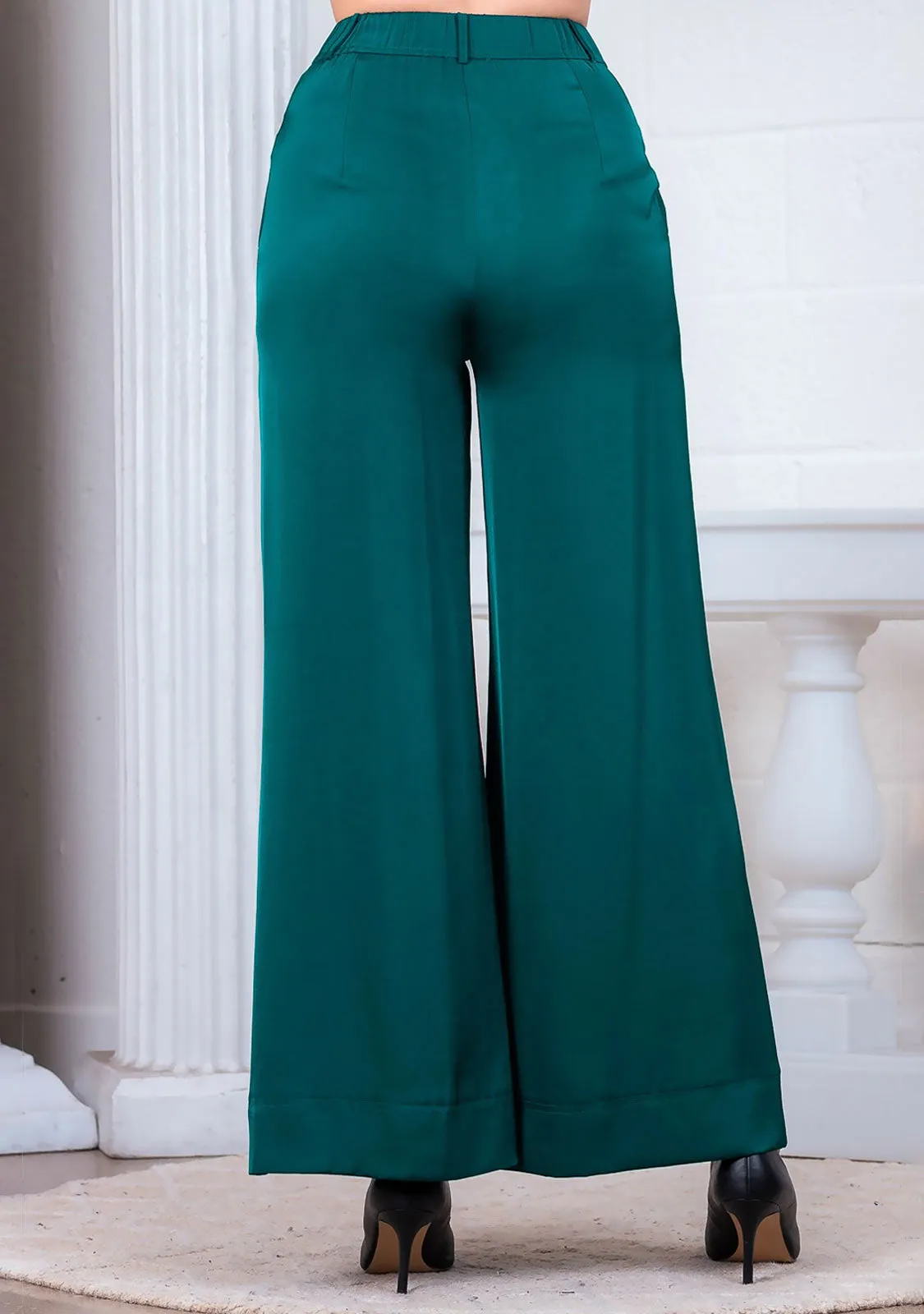 Wide Leg Front Zipper Fine Satin Pant