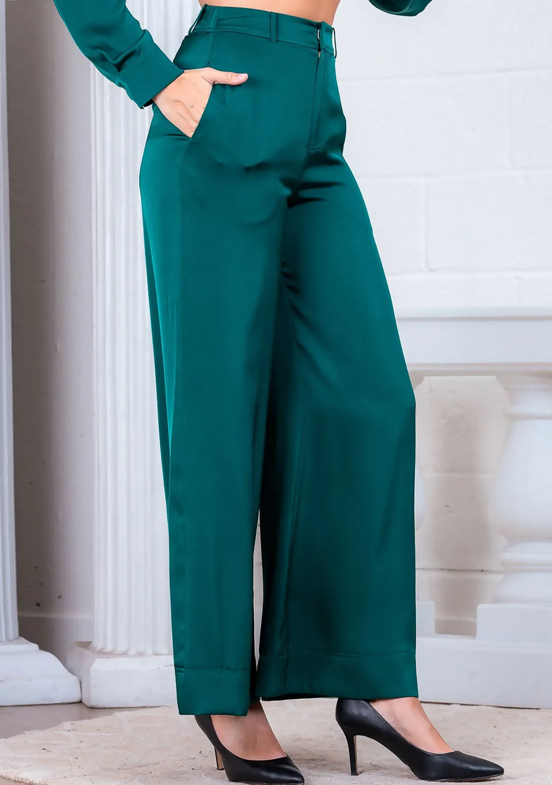 Wide Leg Front Zipper Fine Satin Pant