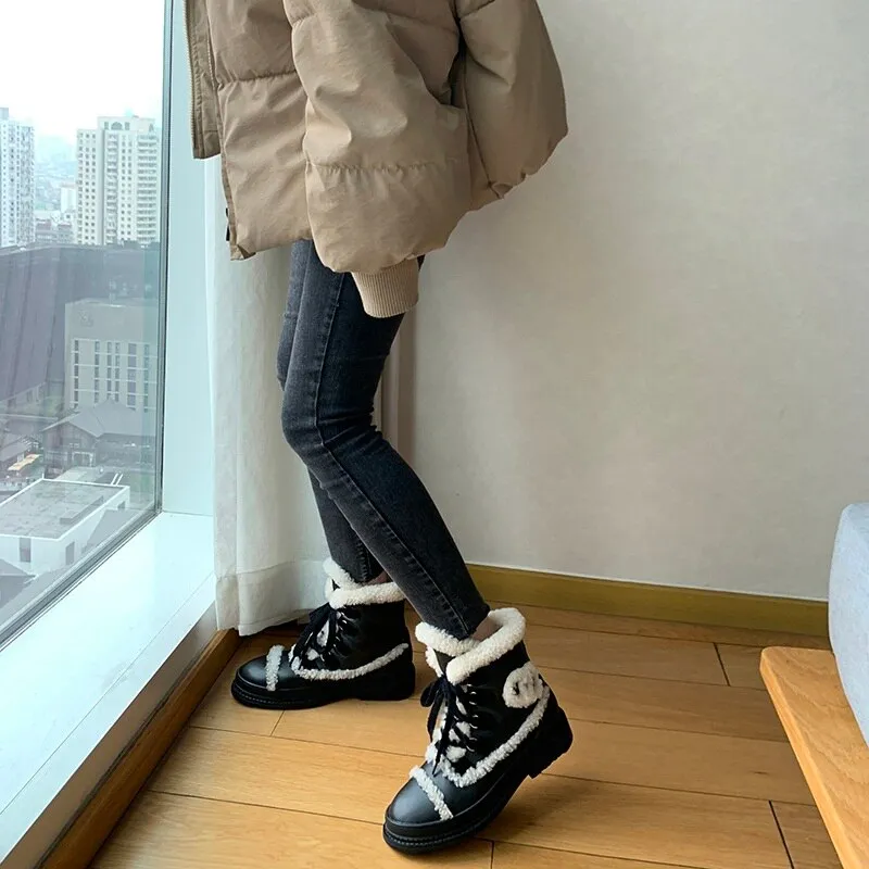 Winter Warm Snow Boots Med Heels Black Woman Short Boots