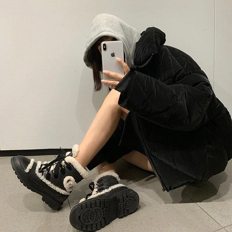 Winter Warm Snow Boots Med Heels Black Woman Short Boots