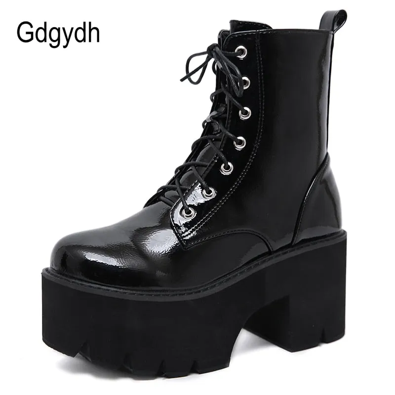 Woman's Lace Up Chunky Wedge Platform Boots Black Shiny Faux Patent Leather Goth Ankle Boots