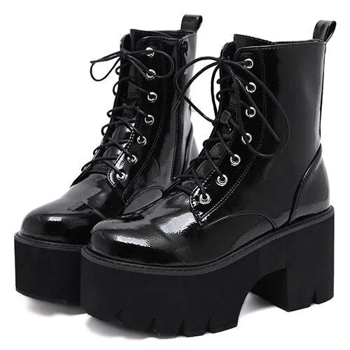 Woman's Lace Up Chunky Wedge Platform Boots Black Shiny Faux Patent Leather Goth Ankle Boots