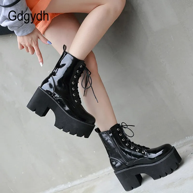 Woman's Lace Up Chunky Wedge Platform Boots Black Shiny Faux Patent Leather Goth Ankle Boots