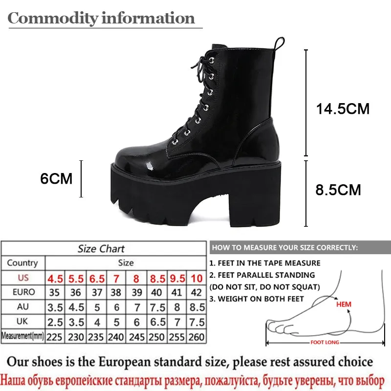 Woman's Lace Up Chunky Wedge Platform Boots Black Shiny Faux Patent Leather Goth Ankle Boots