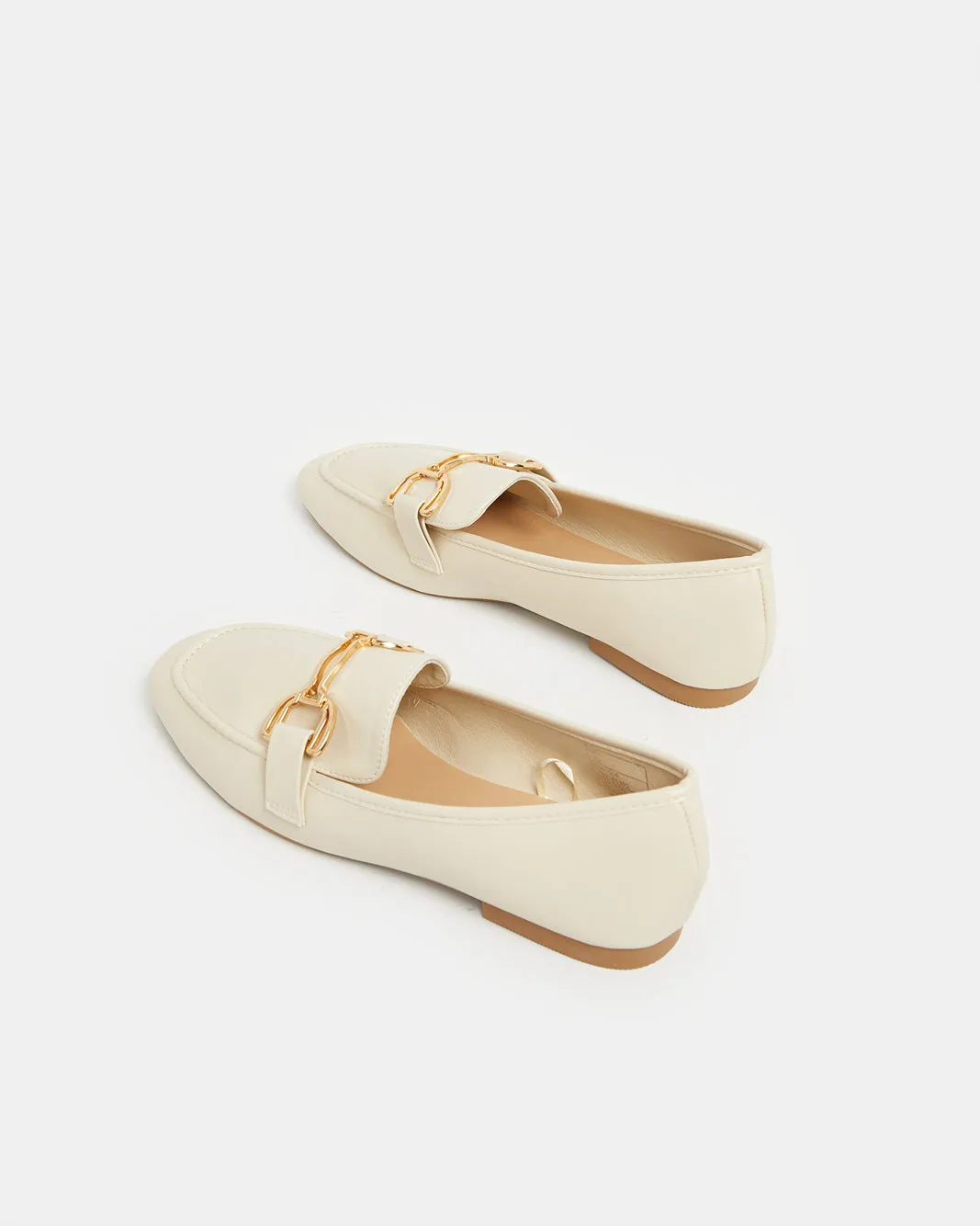 Women Beige Buckle Trim Loafers