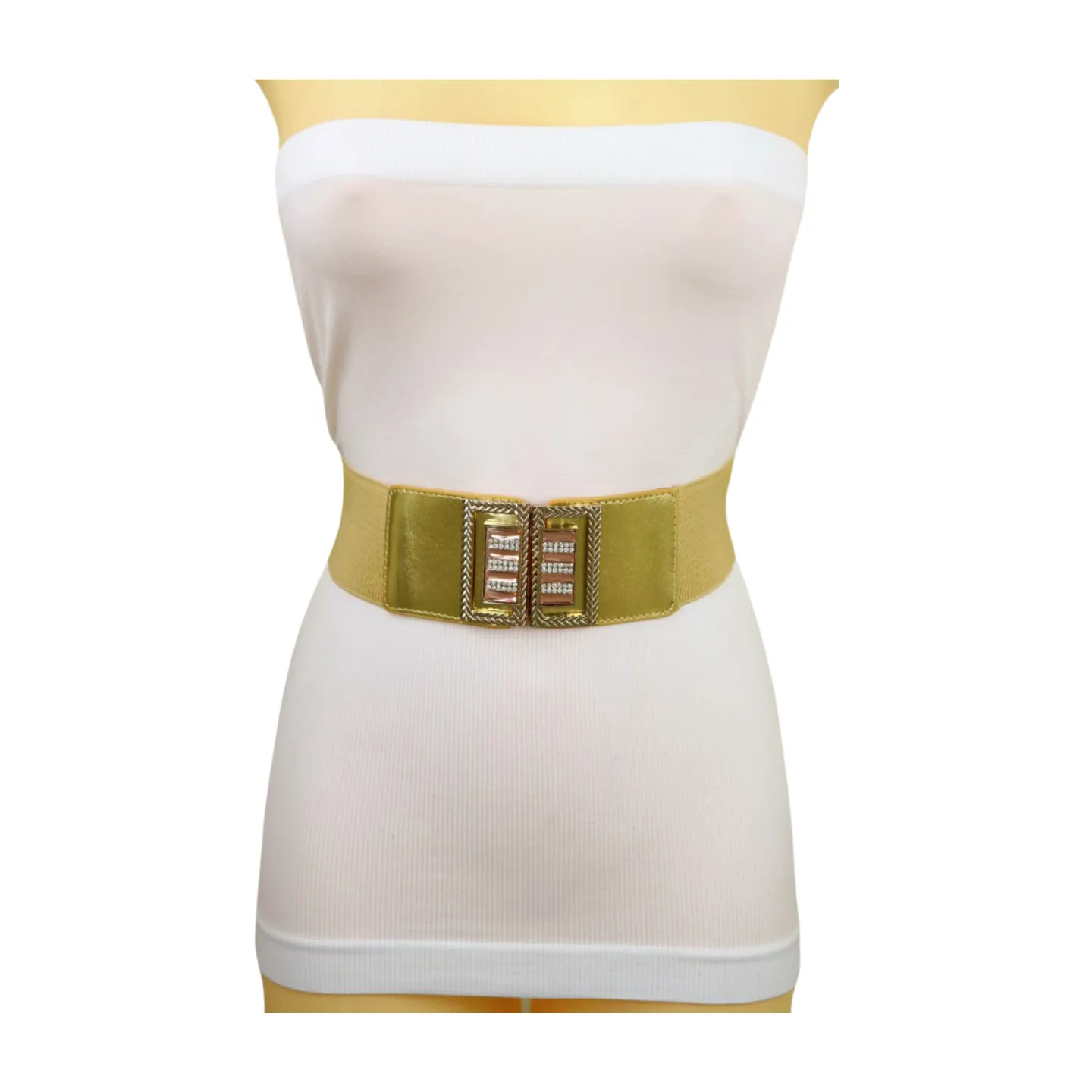 Women Orange Elastic Wide Belt Hip Waist Gold Metal C Buckle S M