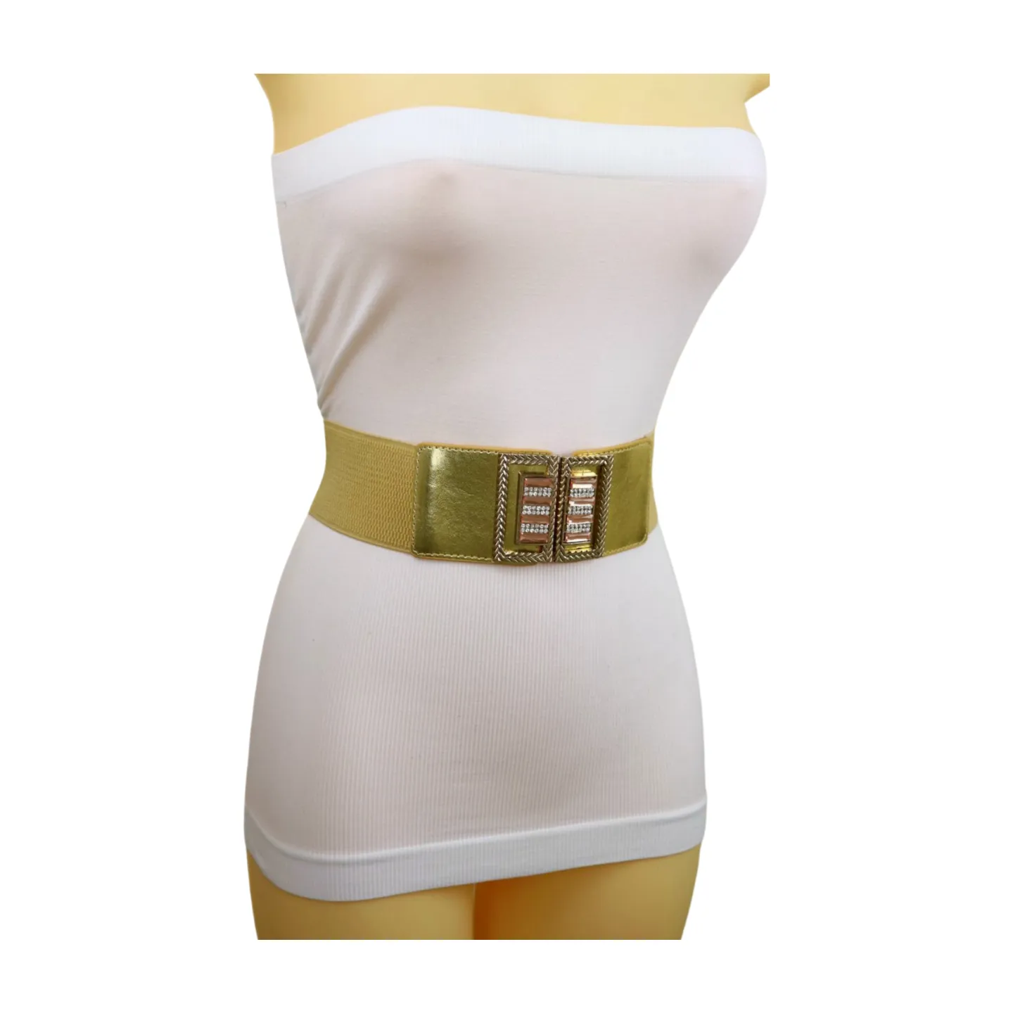 Women Orange Elastic Wide Belt Hip Waist Gold Metal C Buckle S M