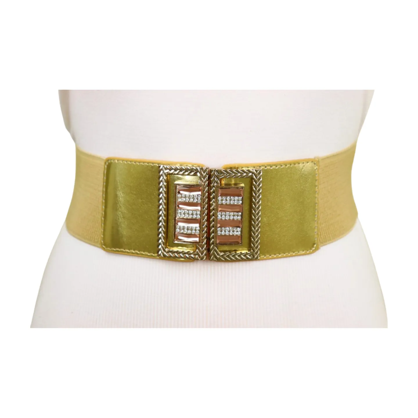 Women Orange Elastic Wide Belt Hip Waist Gold Metal C Buckle S M