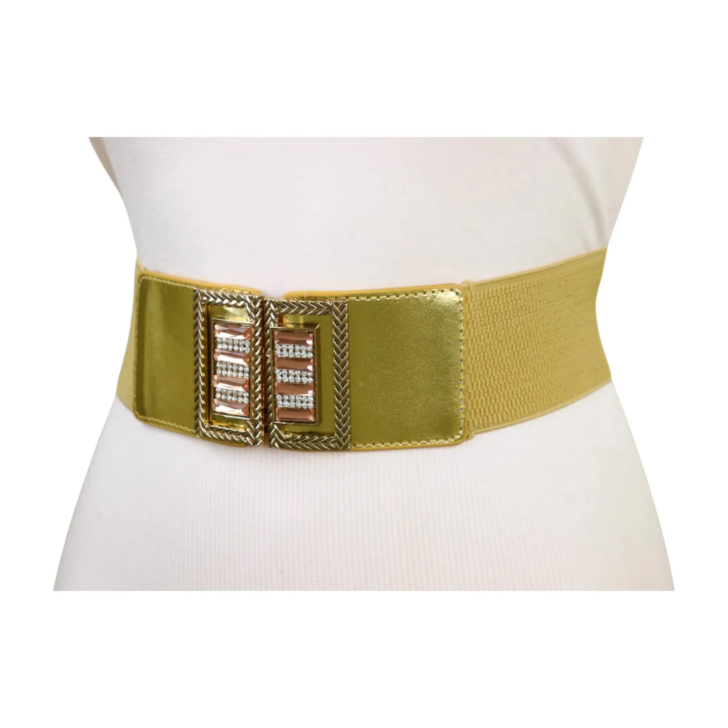 Women Orange Elastic Wide Belt Hip Waist Gold Metal C Buckle S M