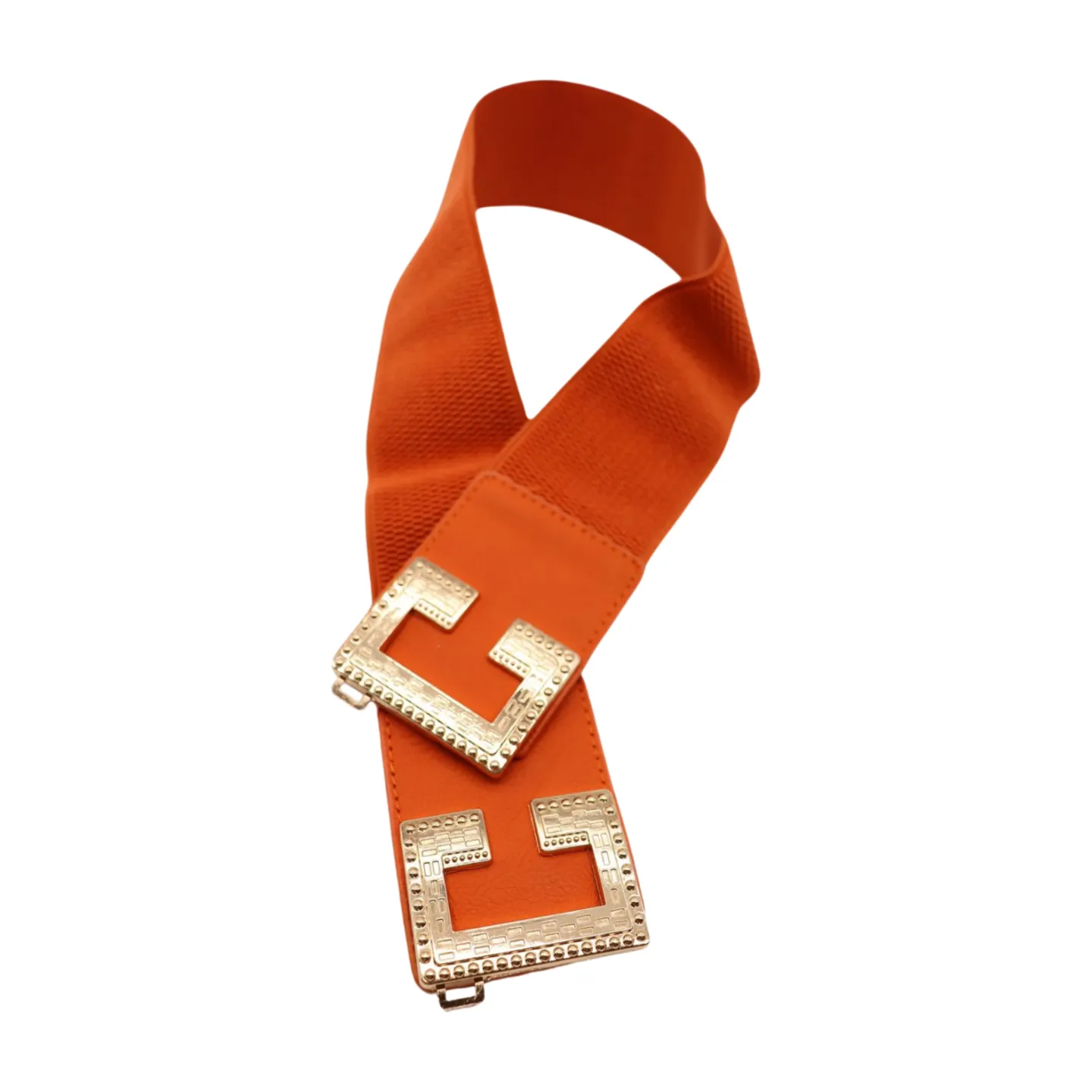 Women Orange Elastic Wide Belt Hip Waist Gold Metal C Buckle S M