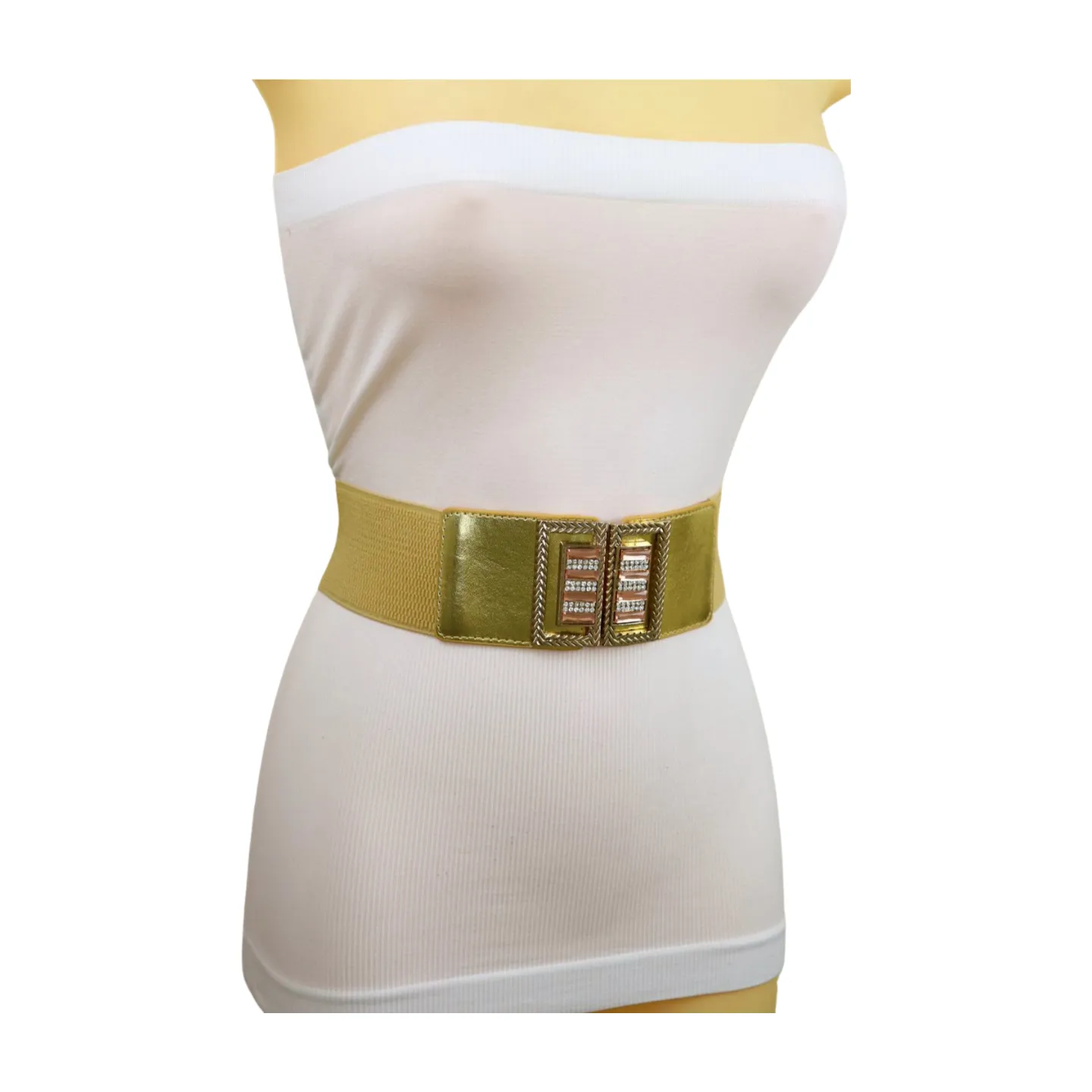 Women Orange Elastic Wide Belt Hip Waist Gold Metal C Buckle S M
